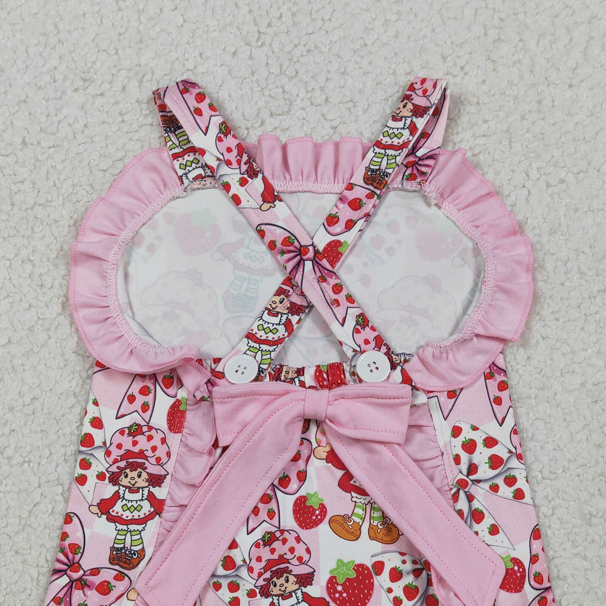 3.31 RTS NO MOQ （In stock）SR3885 Strawberry bow ruffle straps baby girls summer romper
