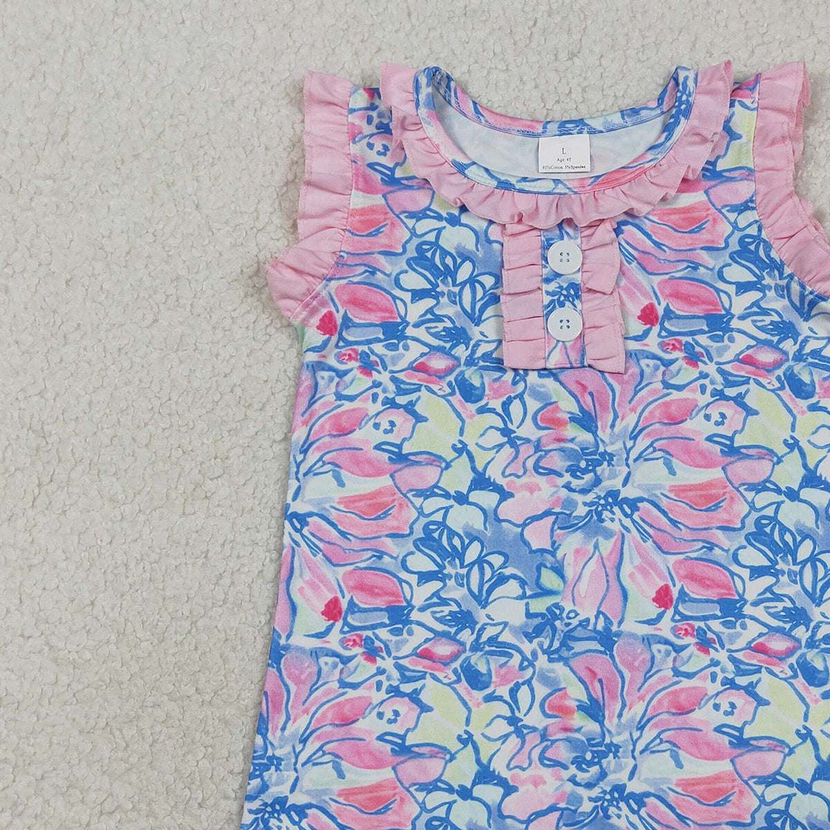 3.10 RTS NO MOQ （In stock）GSD3627 Kids Fashion Clothes Baby Girls Sleeveless Colorful Flowers Button Scallop Knee Length Dresses