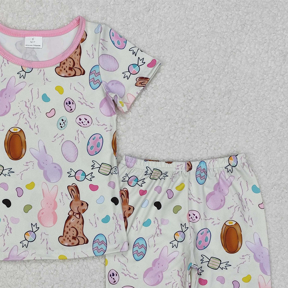 GSPO1960Kids Girls Short Sleeve Easter Pajamas Bunny Eggs Design Comfortable Sleepwear for Spring