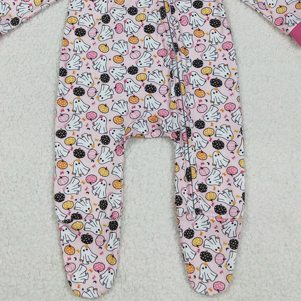 RTS NO MOQ （In stock）LR2506 Baby Girls Winter Rompers Halloween Footed Rompers Ghosts Pumpkins Design with Zipper for Infant Girls' Halloween Costume Clothing