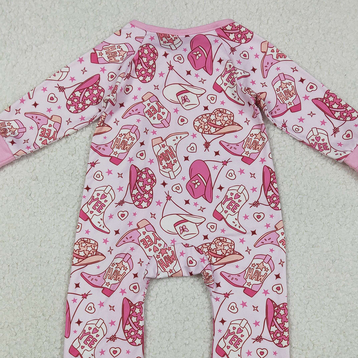 12.10 RTS NO MOQ （In stock）LR2855 Baby Girls Winter Rompers Baby Girls Howdy Boots Hats Western Two Way Zip Convertible Rompers
