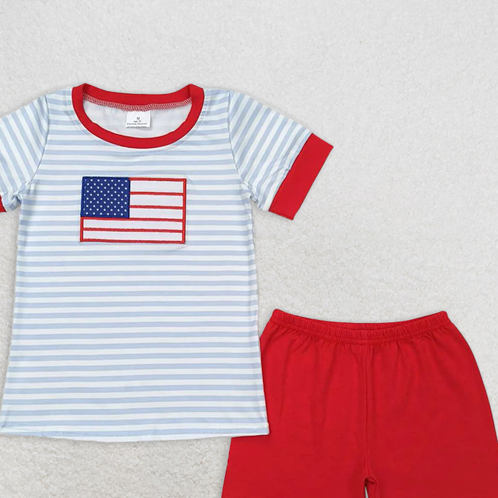 BSSO0684 RTS NO MOQ Baby Boys Summer Boys Outfits Embroidery  Baby Boys Flag Blue Stripes Shirt 4th Of July Shorts Clothes Sets
