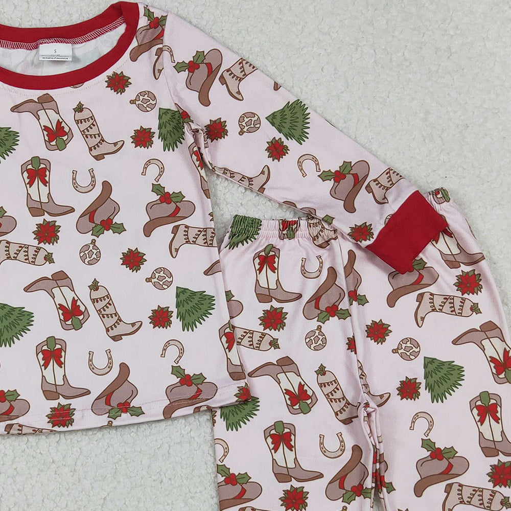 RTS NO MOQ （In stock）GLP2729 Baby Girls Winter Outfits Boots Holly Top Pant Christmas Pajamas Sets