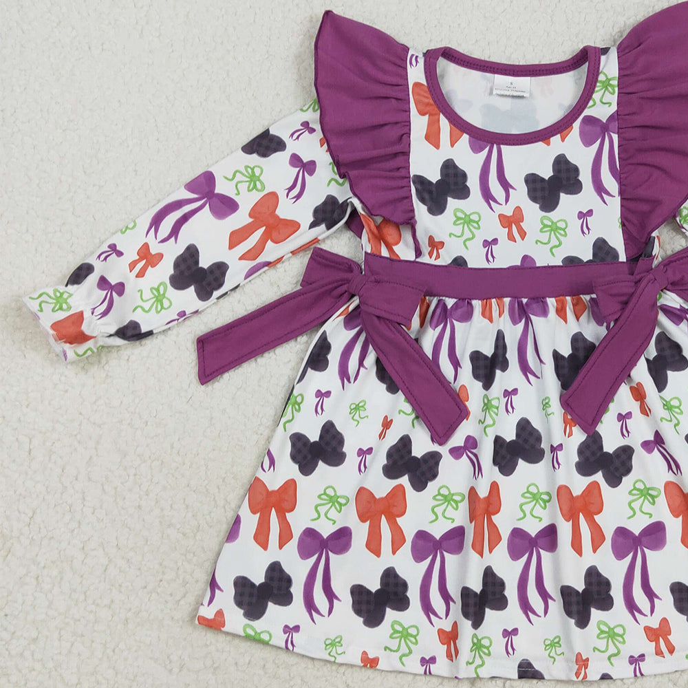 RTS NO MOQ （In stock）GLD1113 Baby Girls Winter Dress Baby Girls Halloween Colorful Bows Knee Length Dresses