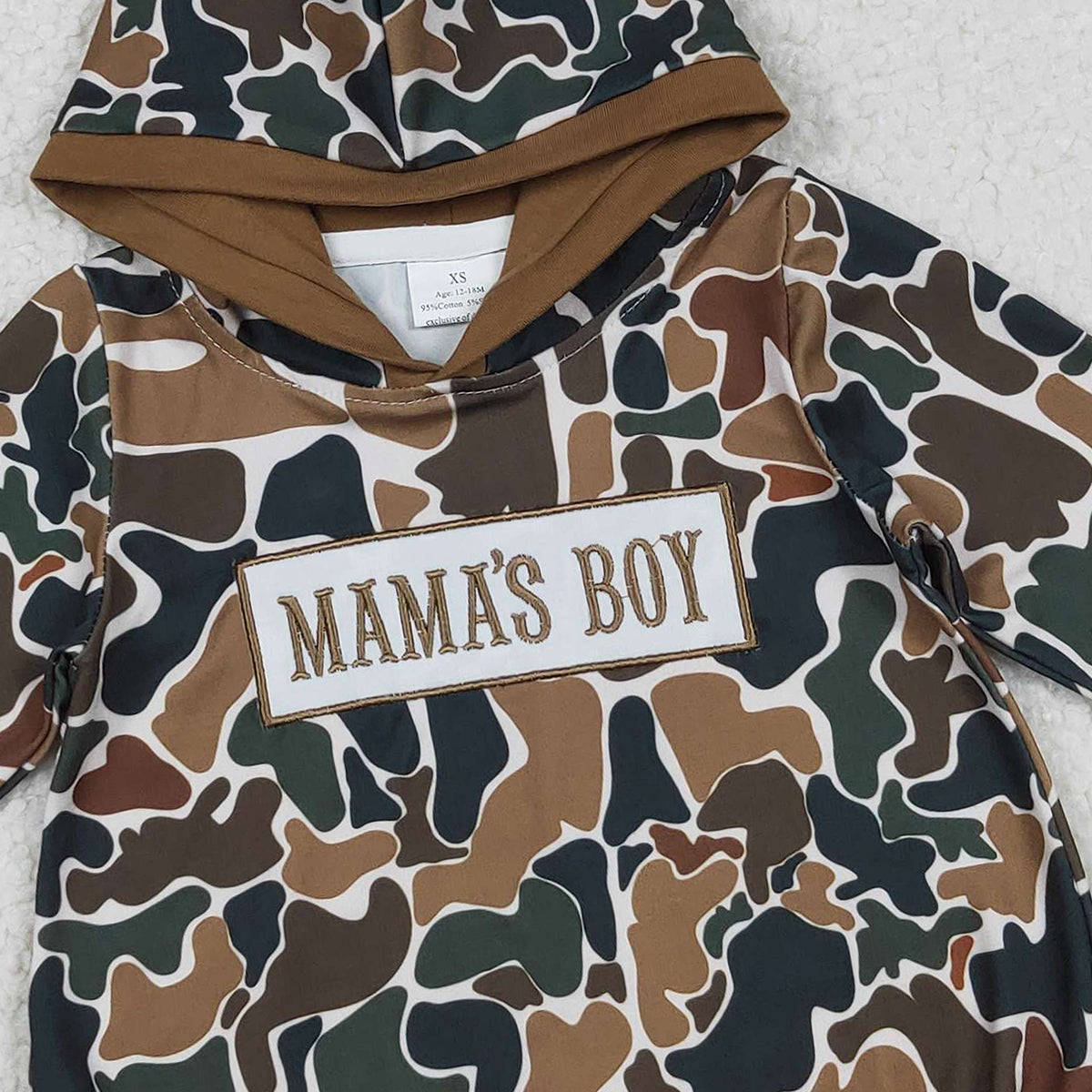 11.18 RTS NO MOQ （In stock）LR2796 Embroidery Mama's Boy Baby Boys Dark Brown Camo Hoodie Rompers