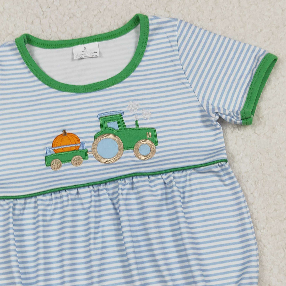 RTS NO MOQ （In stock）SR3201Baby Boys Summer Rompers Blue Stripe Pumpkins Truck Fall Rompers