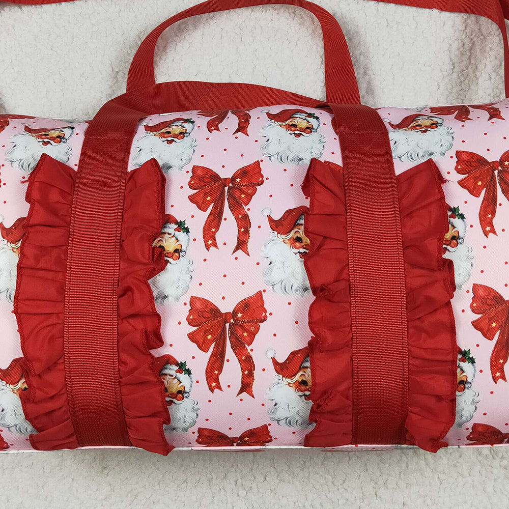 RTS NO MOQ （In stock） BA0306 Baby Bags Christmas Red Ruffle Bows Santa Print Zipper Gym Bags