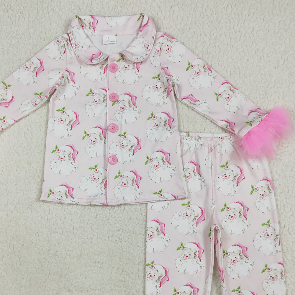 8.18 RTS NO MOQ （In stock） GLP2376 Baby Girls Winter Outfits Baby Girls Pink Long Sleeves With Fur Santa Button Top Pants Pajamas Set