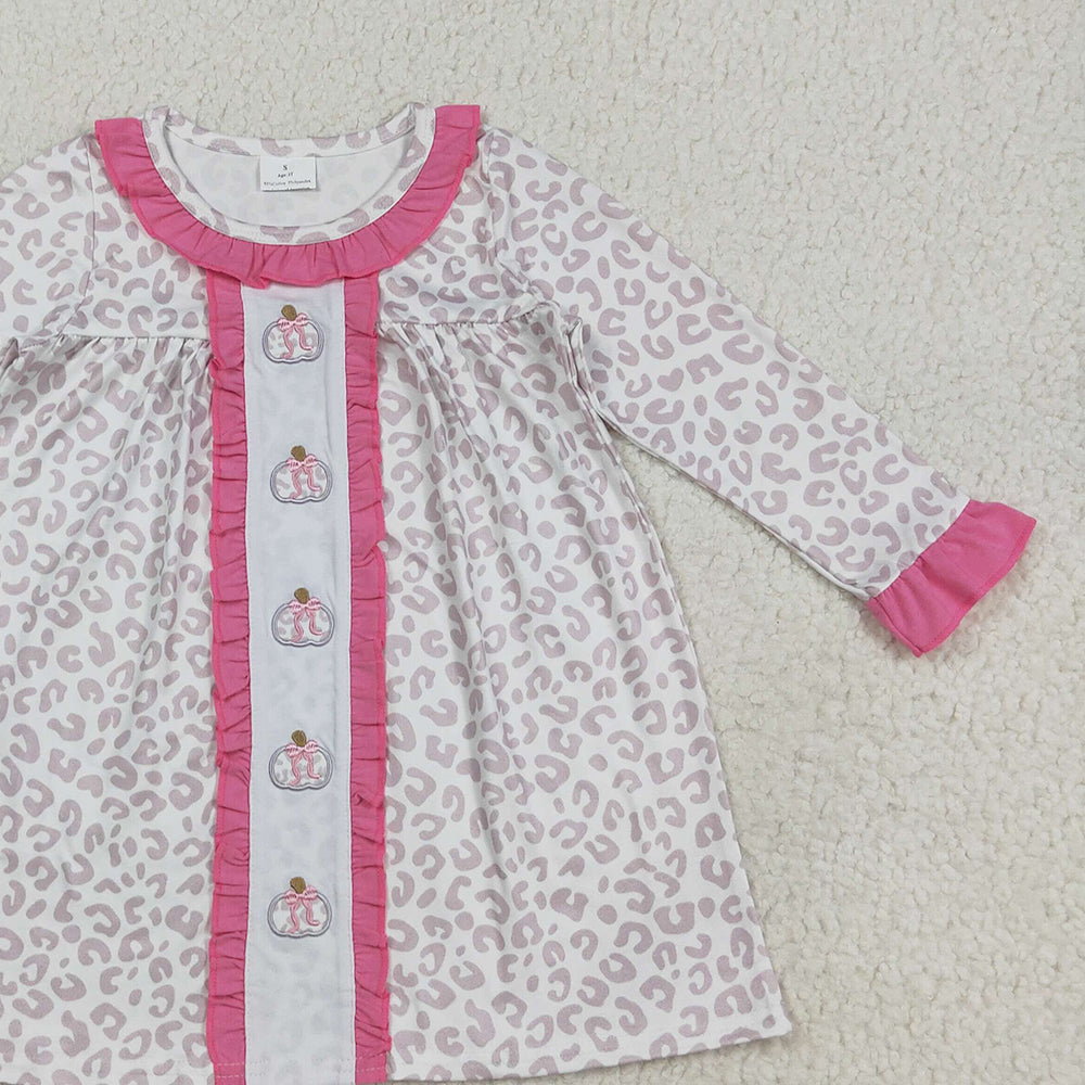 RTS NO MOQ （In stock）GLD1054 Baby Girls Winter Dress Embroidery Pumpkins Baby Girls Pink Leopard Fall Knee Length Dresses