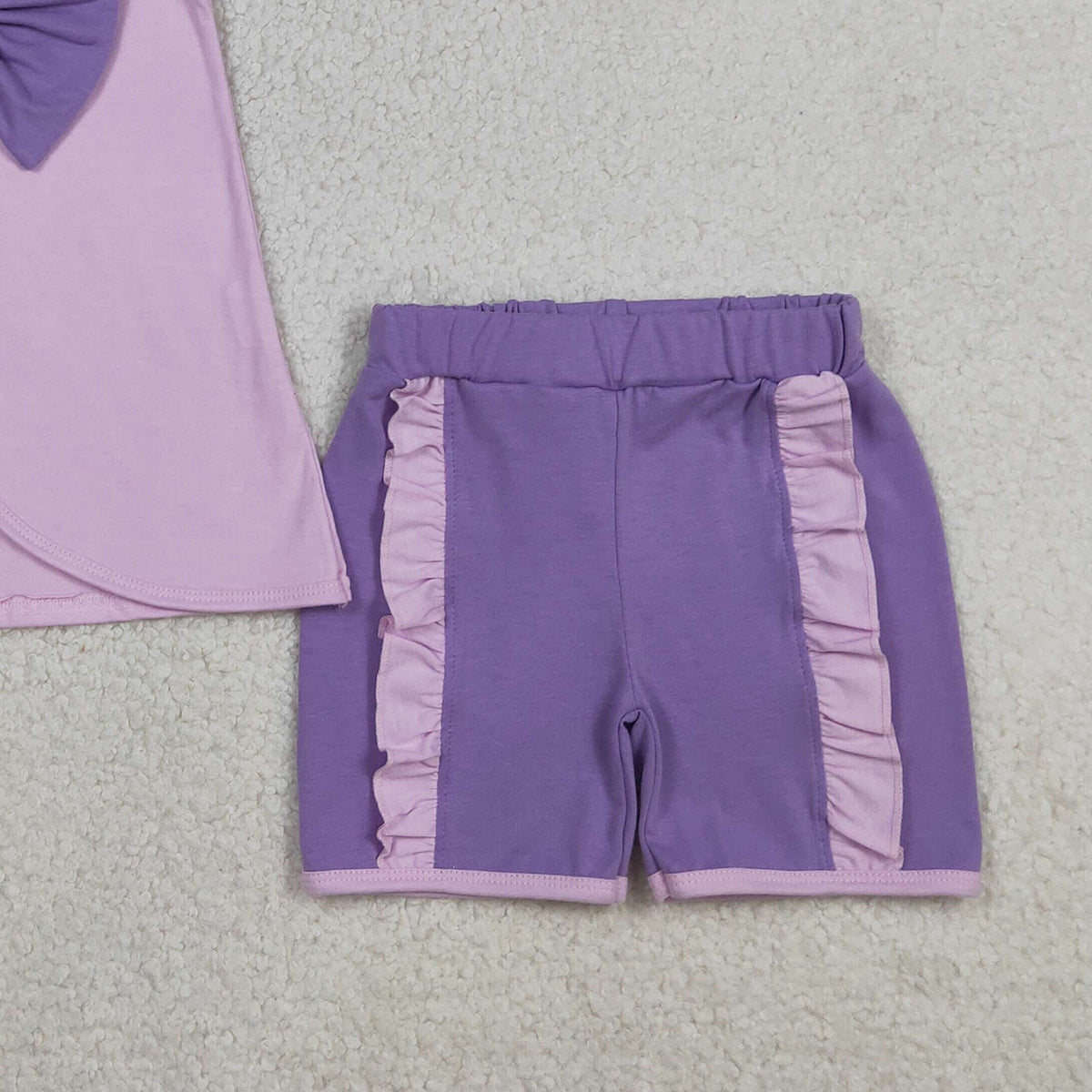 3.30 RTS NO MOQ （In stock）GSSO3461 Sleeveless bow tunic purple shorts girls summer outfits