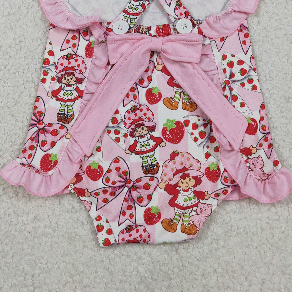 3.31 RTS NO MOQ （In stock）SR3885 Strawberry bow ruffle straps baby girls summer romper