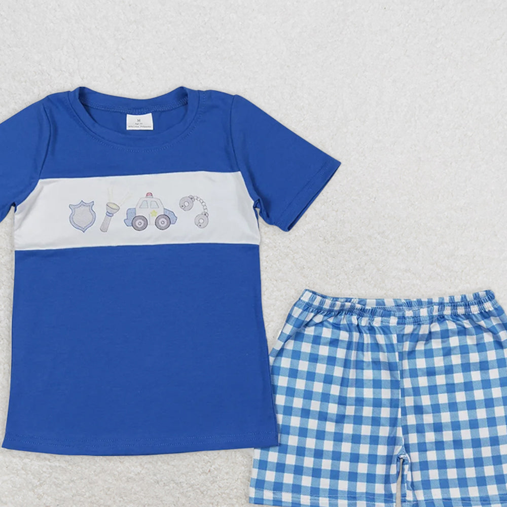 BSSO0665 RTS NO MOQBaby Boys Summer Boys Outfits Baby Boys Police Blue Shirt Shorts Outfits Clothes Sets