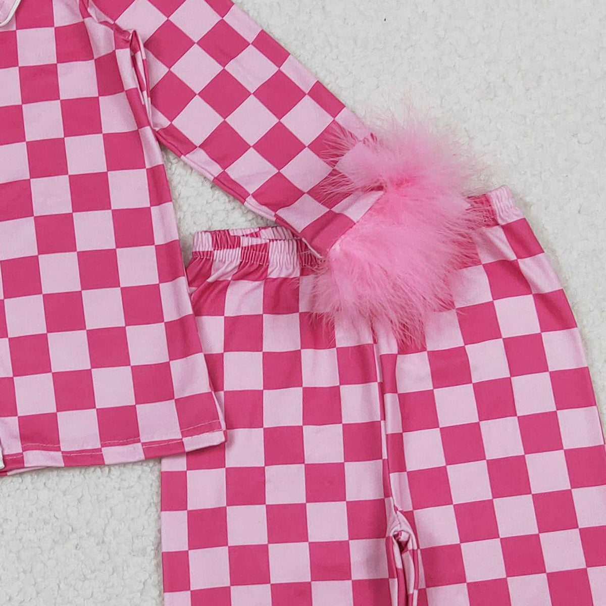 10.14 RTS NO MOQ （In stock）GLP1256 Baby Girls Dark Pink Checkered Buttons Top Pants Fur Pajamas Clothes Sets