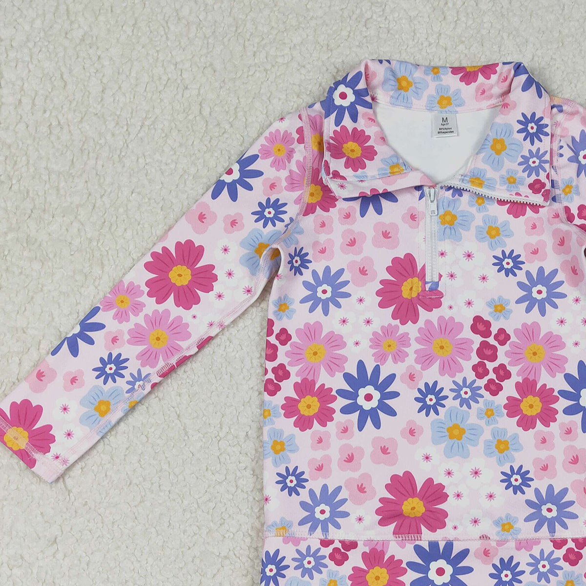12.9 RTS NO MOQ （In stock）GT1373 Baby Girls Pink Blue Daisy Flowers Yoga Active Zipper Pullovers Top