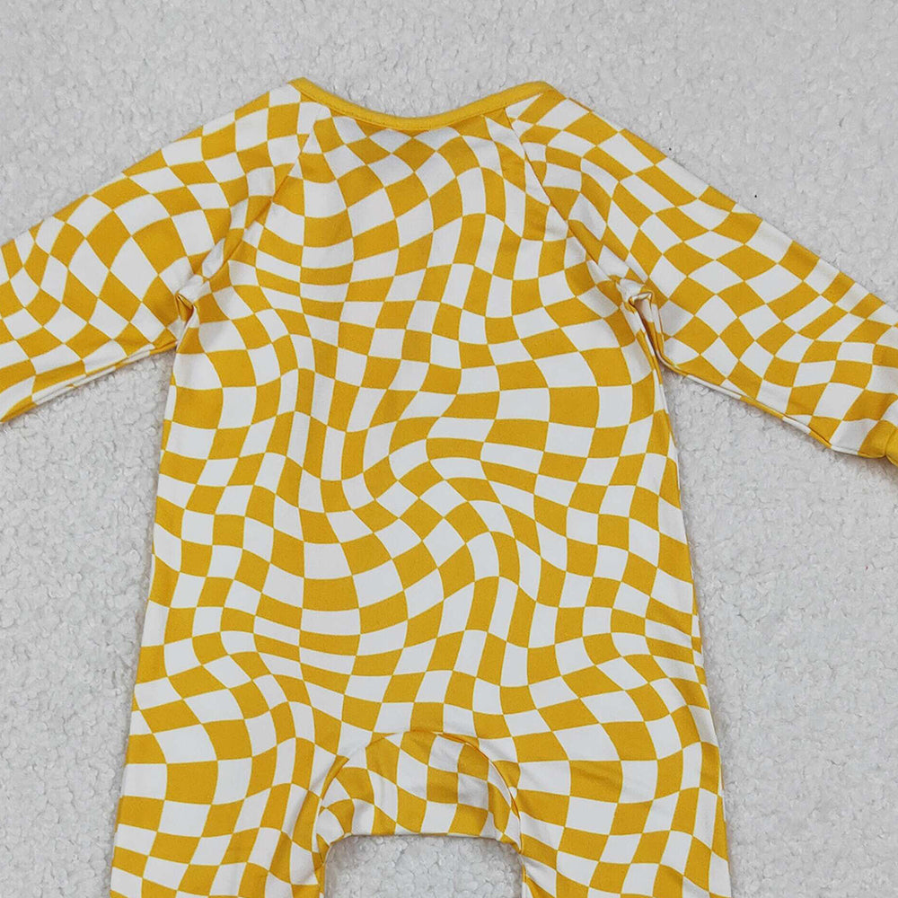 10.1 RTS NO MOQ （In stock）LR1089 Baby Boys Winter Rompers Baby Infant Boys Yellow Checkered Zip Footie Long Sleeve Rompers