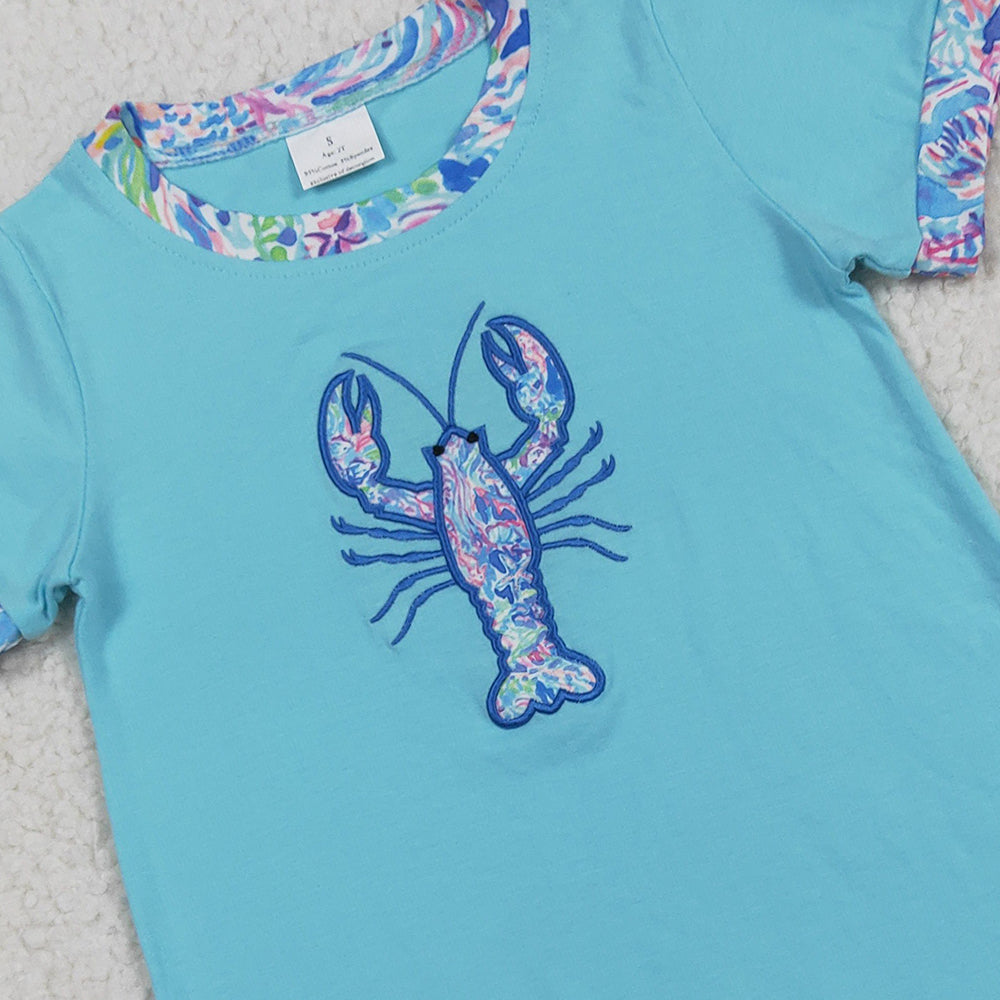 8.22 RTS NO MOQ （In stock）SR3044 Baby Boys Summer Rompers Embroidery Baby Boys Blue Short Sleeves Crayfish Rompers