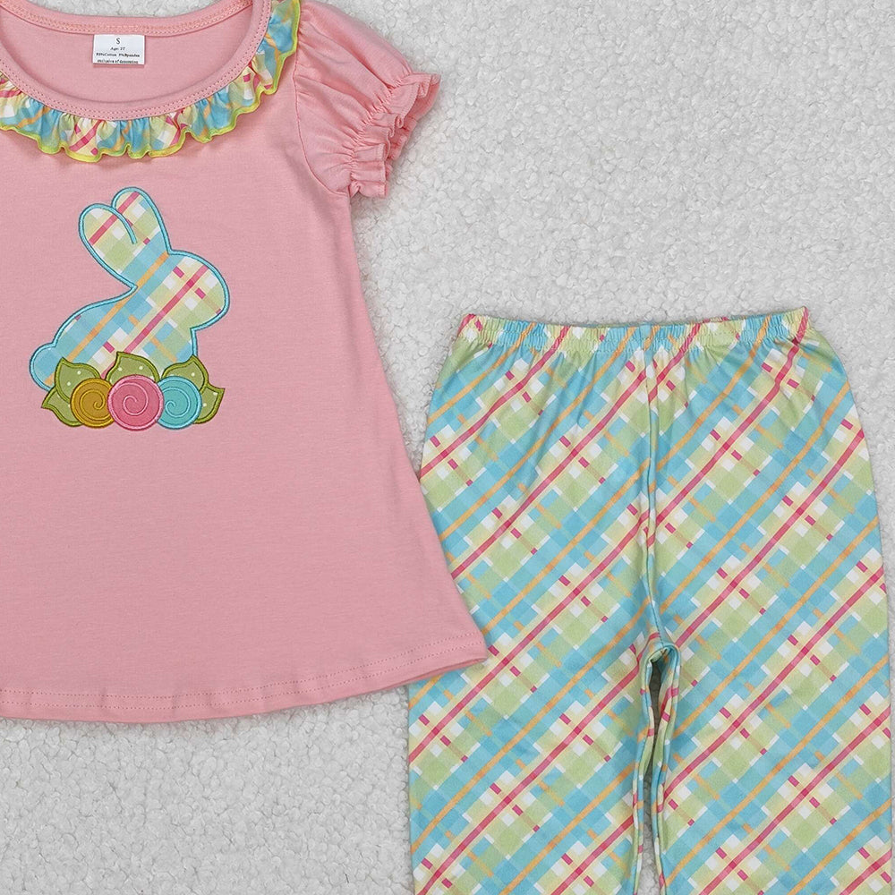 GSPO0974Girls Pink Floral Rabbit Tunic Ruffle Pants Outfit Easter Themed Children's Clothing Set