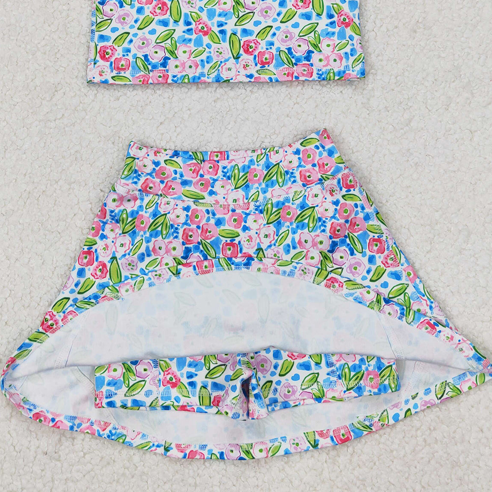 5.19  GSD1988  RTS NO MOQ Blue sleeveless floral top skirt girls activewear set