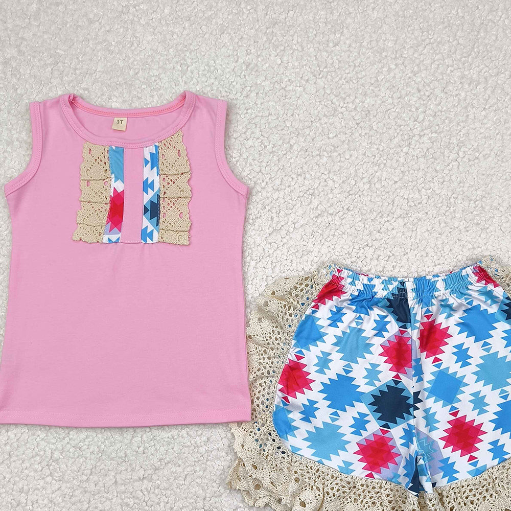 7.16  C7-5-1 RTS NO MOQ Baby Girls Summer Outfits Baby girls pink top aztec lace ruffle shorts outfits sets
