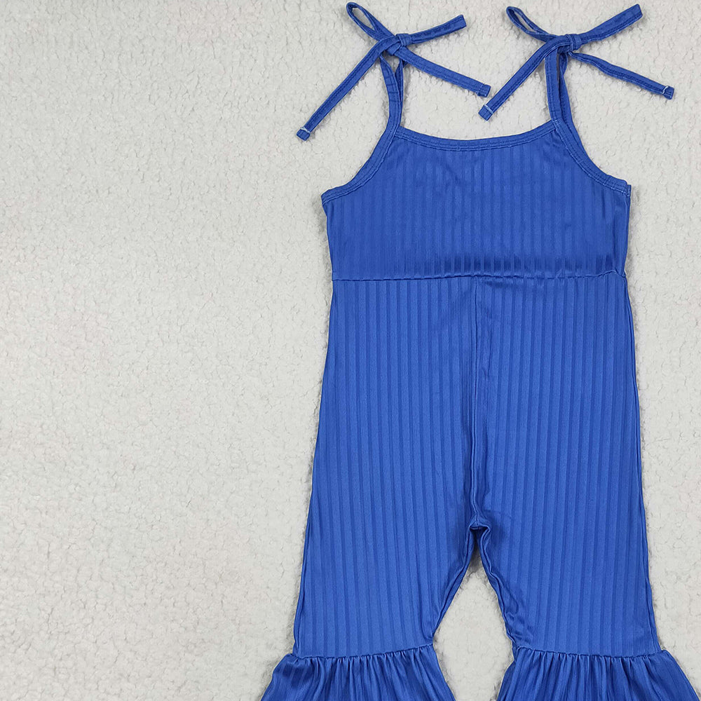 RTS NO MOQ （In stock）SR3158 Baby Girls Summer Jumpsuits Baby Girls Royal Blue Strap Bell Bottom Ribbed Jumpsuits