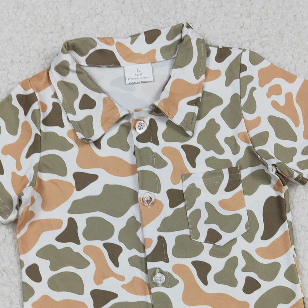RTS NO MOQ （In stock）BT1312 Baby Boys Shorts Sleeve Tops Western Green Khaki Camouflage Button Pocket Shirt Top for Infants