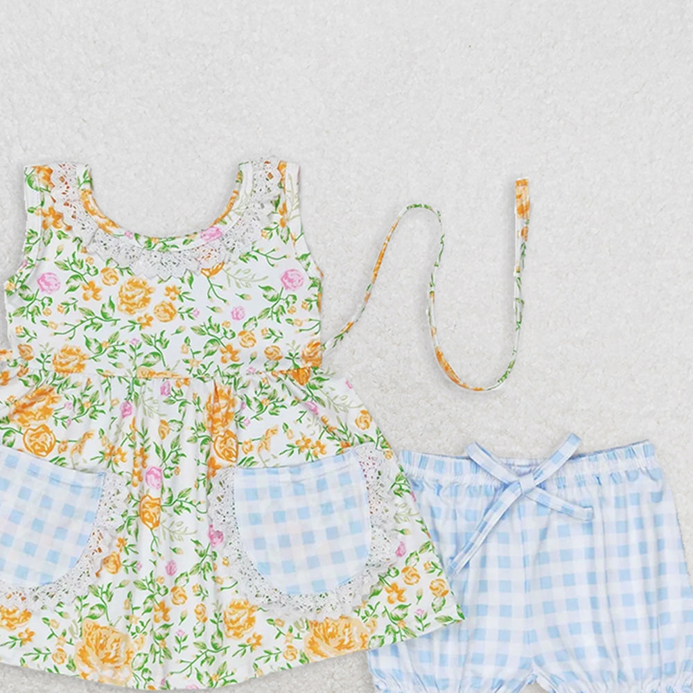 GSSO0871 RTS NO MOQ Baby Girls Summer Outfits Yellow flower green leaf pocket sleeveless plaid shorts suit