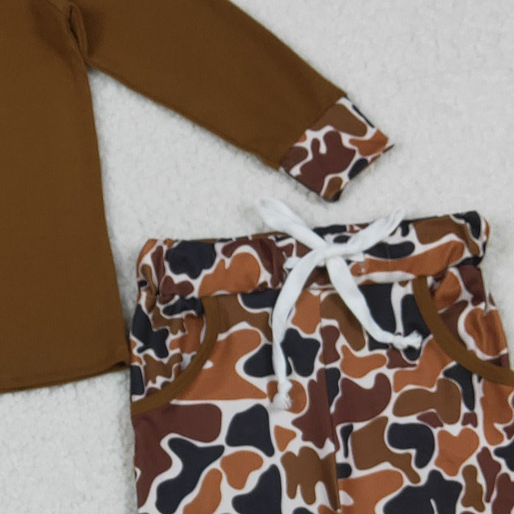 9.27 RTS NO MOQ （In stock）BLP1078  Baby Boys Winter Outfits Embroidery Camo Deer Baby Boys Brown Top Pockets Leggings Clothes Set