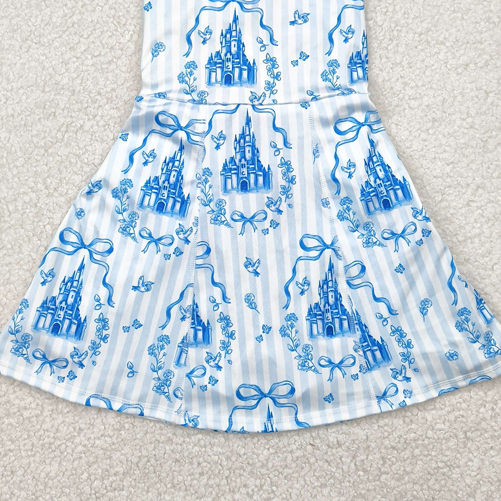 USA Shop (in stock)GSD2200 Baby Girls Summer Yoga Dress Light Blue Sleeveless Bow Castle Girls Athletic Dress Children's Cute Princess School Uniform Style Clothing for Girls