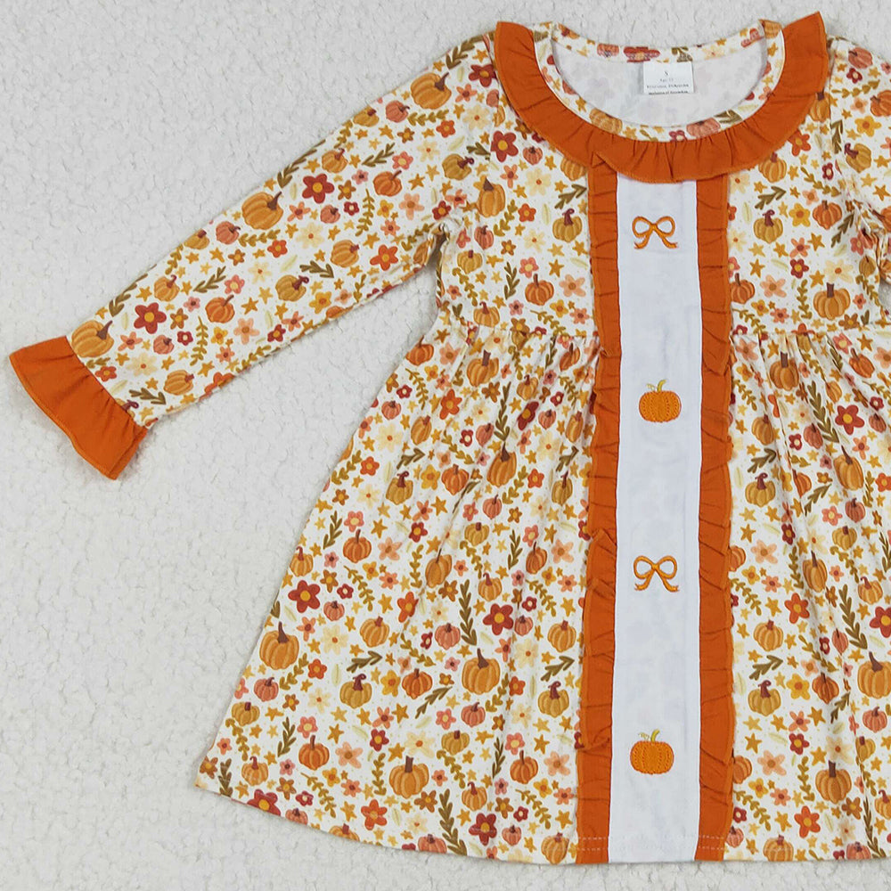 8.16 GLD1058RTS NO MOQ Baby Girls Winter Dress Embroidery Baby Girls Long Ruffle Sleeves Bows Pumpkins Flowers Knee Length Dresses
