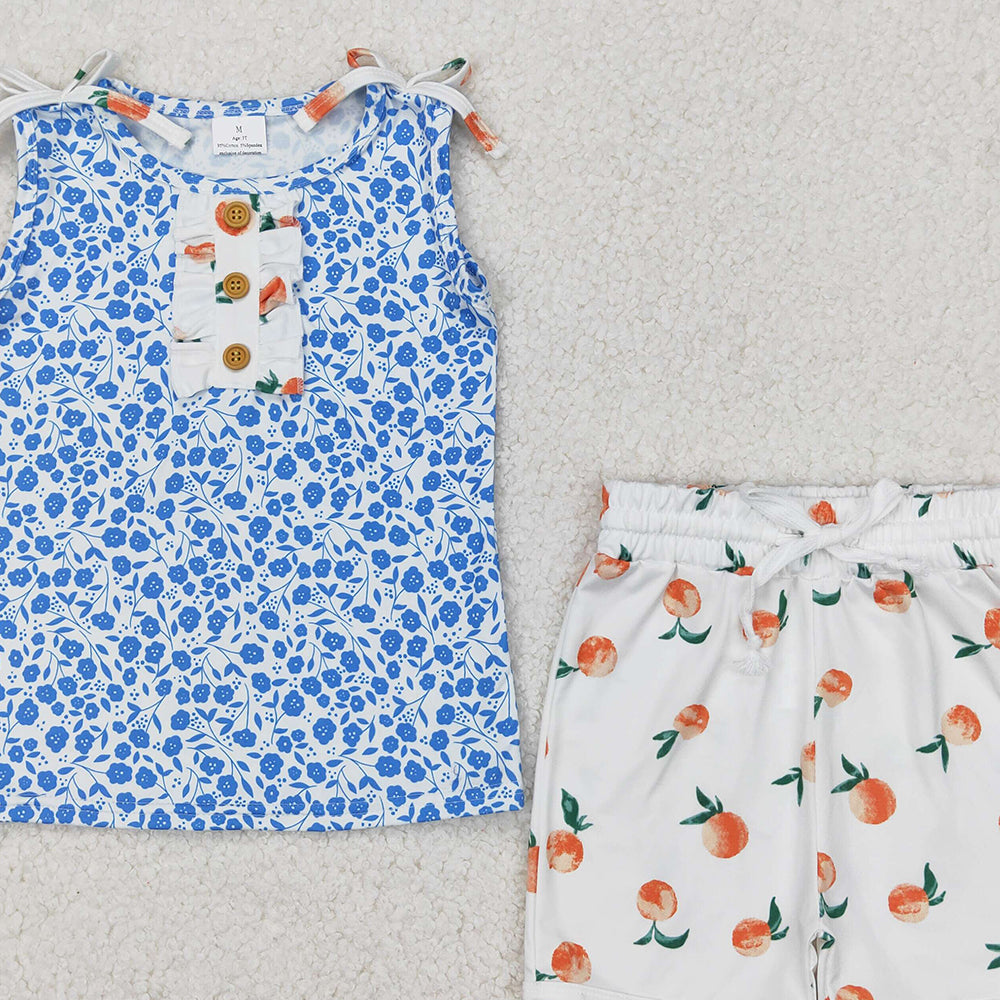 4.17 GSSO2355 RTS NO MOQ Sleeveless blue floral top peach shorts girls clothing set