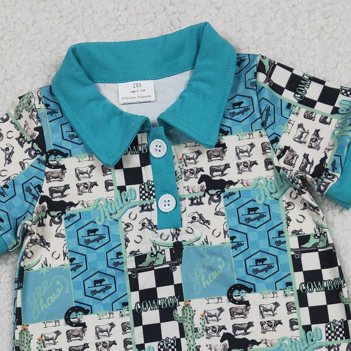 1.19 RTS NO MOQ （In stock）SR3723 Baby Boys Short Sleeve Boot Horses Cowboy Western Button Rompers