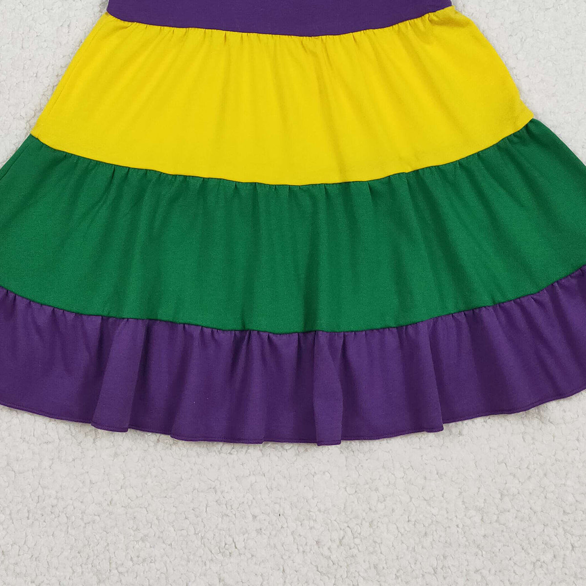 12.17 RTS NO MOQ （In stock）GSD2934 Baby Girls Bows Strap Mardigras Patchwork Ruffle Knee Length Dresses
