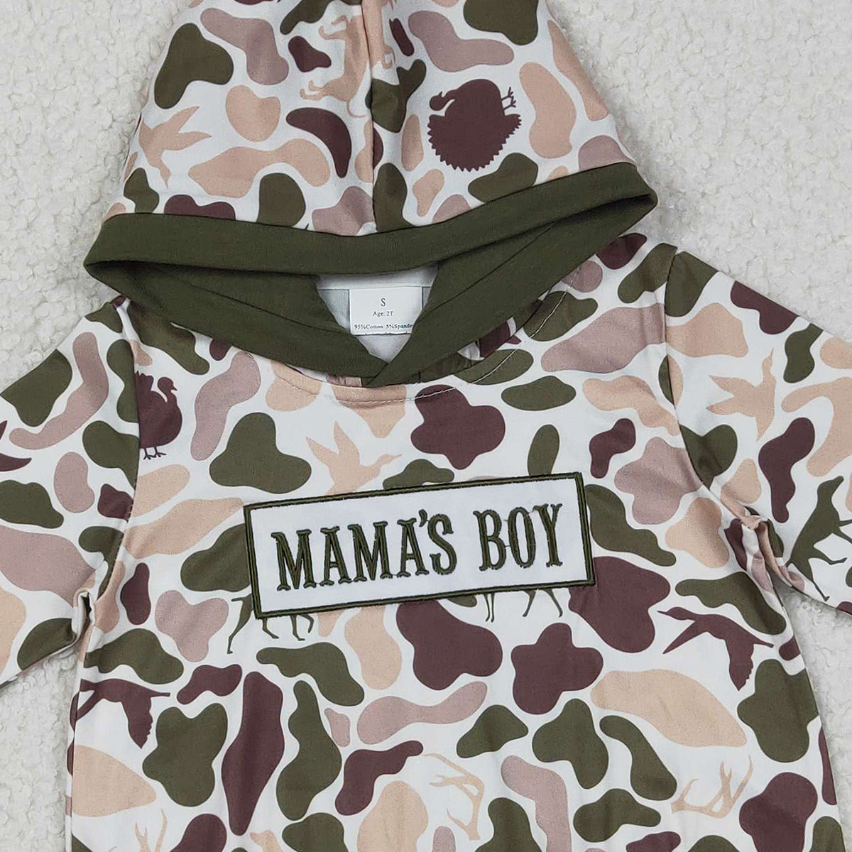 12.6 RTS NO MOQ （In stock）LR2797 Embroidery Mama's Boy Baby Boys Deer Dogs Ducks Camo Hoodie Rompers