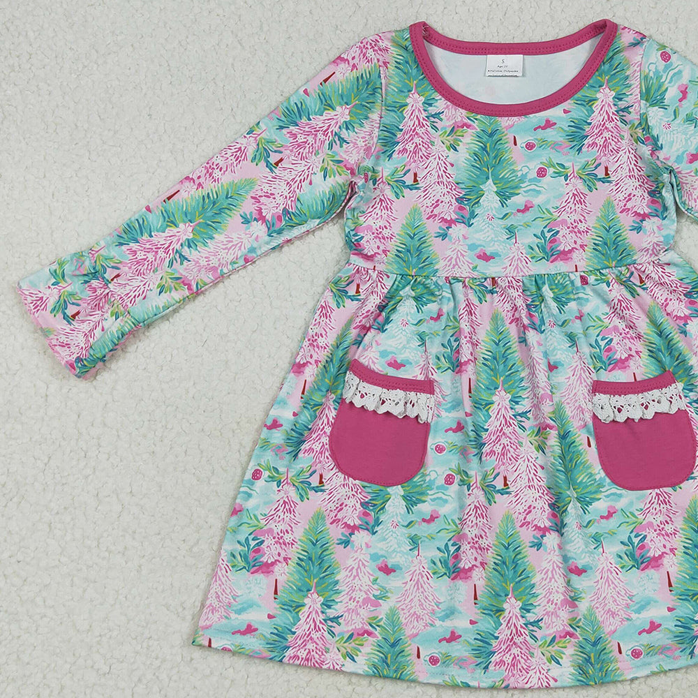 8.13  GLD1072RTS NO MOQ Baby Girls Winter Dress Baby Girls Long Ruffle Sleeves Trees Floral Pockets Knee Length Dress