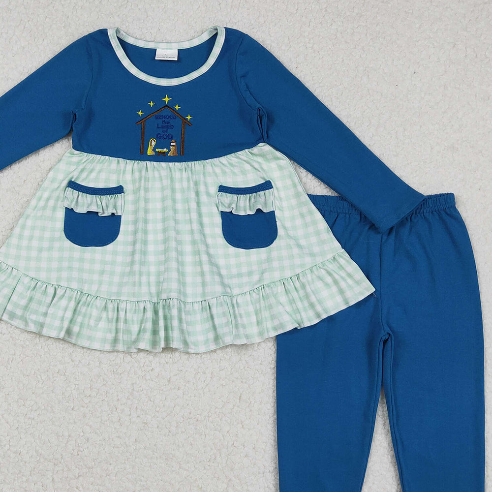 RTS NO MOQ （In stock）GLP2625 Baby Girls Winter Outfits Girls Nativity Pockets Tunic Leggings Christmas Theme Children's Outfit Set for Holiday Events