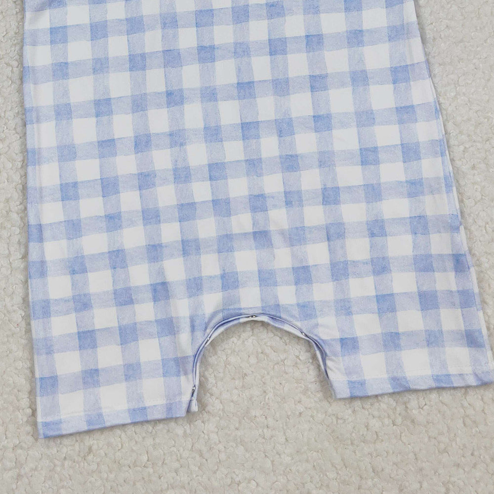 RTS NO MOQ （In stock）SR2945 Baby Boys Summer Rompers Light Blue Plaid Sleeveless Dad's Boy Romper