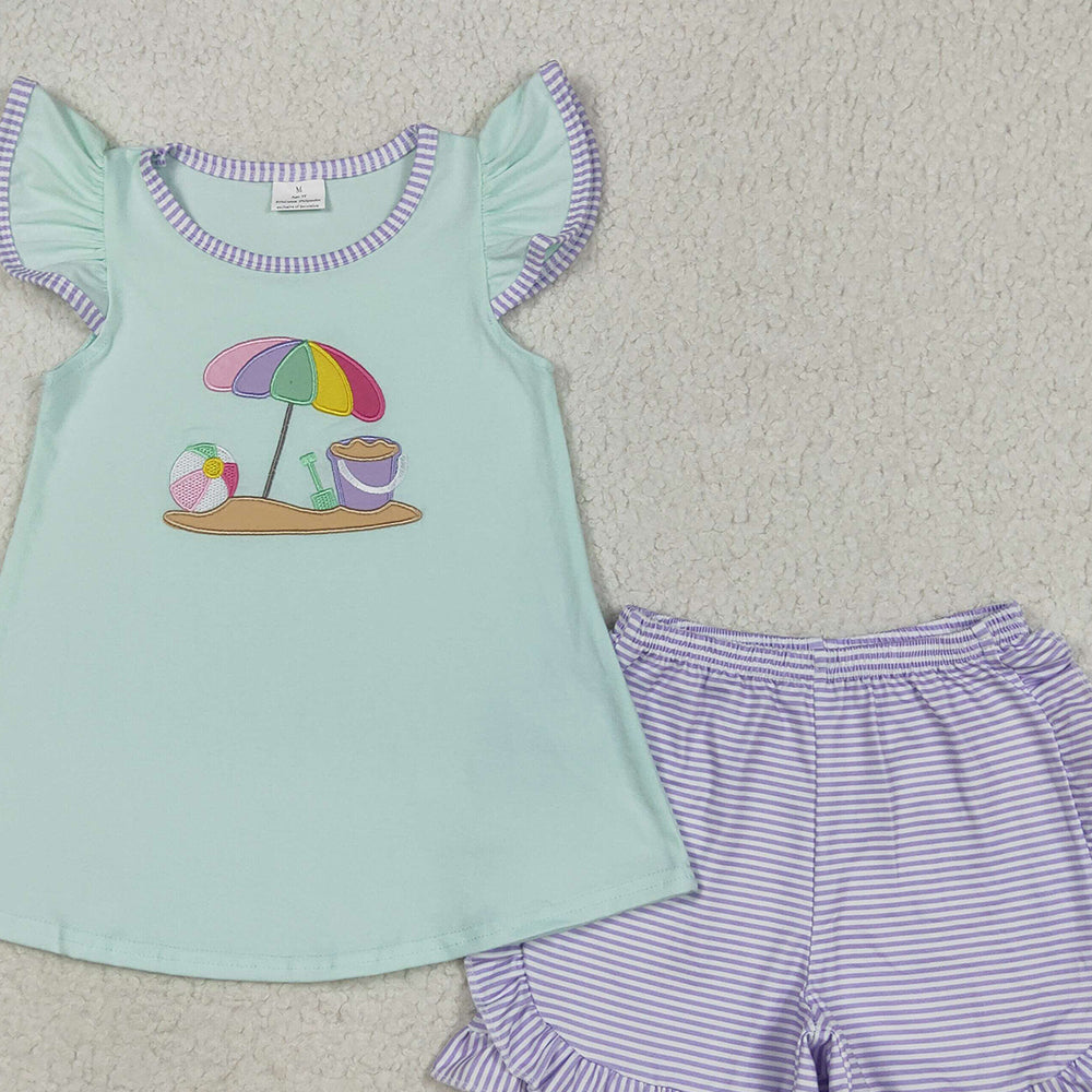 7.23 GSSO2553 RTS NO MOQ Baby Girls Summer Outfits Embroidery Baby Girls Flutter Sleeves Beach Tunic Lavender Stripe Short Set