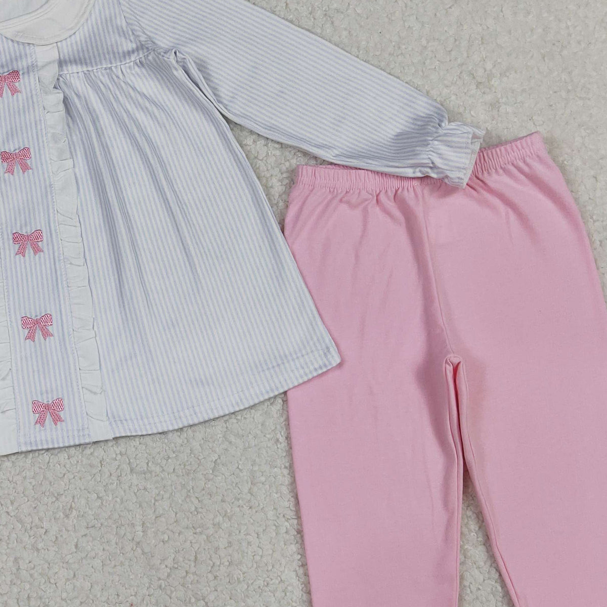 4.9 GLP2909 RTS NO MOQ （In stock ）blue stripe pink bows print pink pants girls outfits