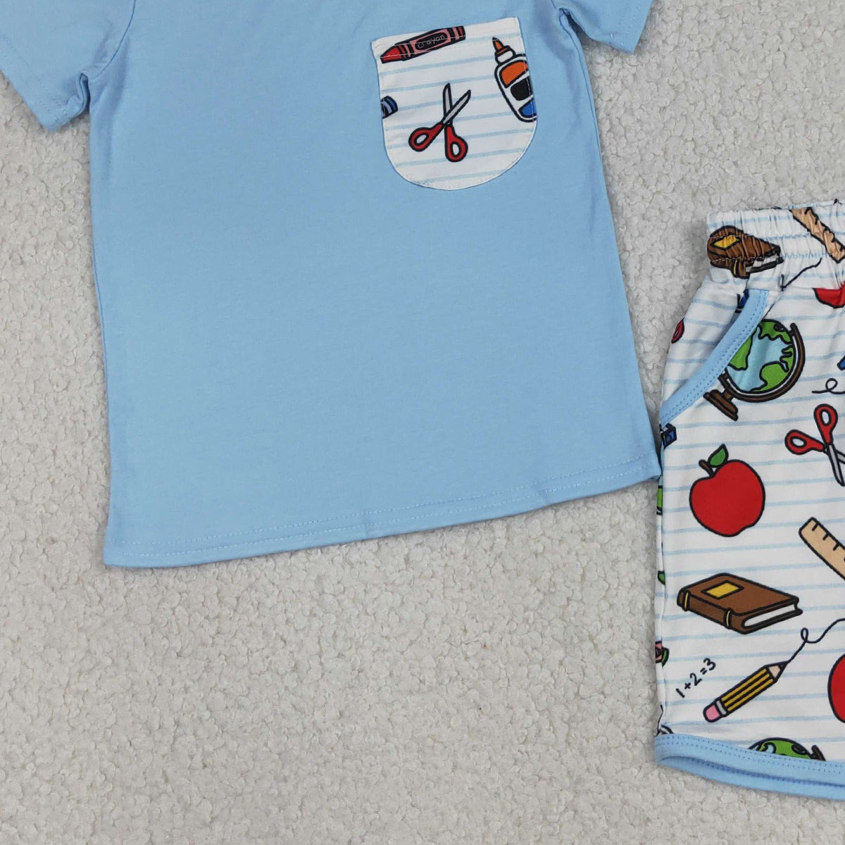 4.7 BSSO1921 RTS NO MOQ （In stock ）Baby Boys Apples Pencils Top Pockets Shorts Back to School Clothes Sets