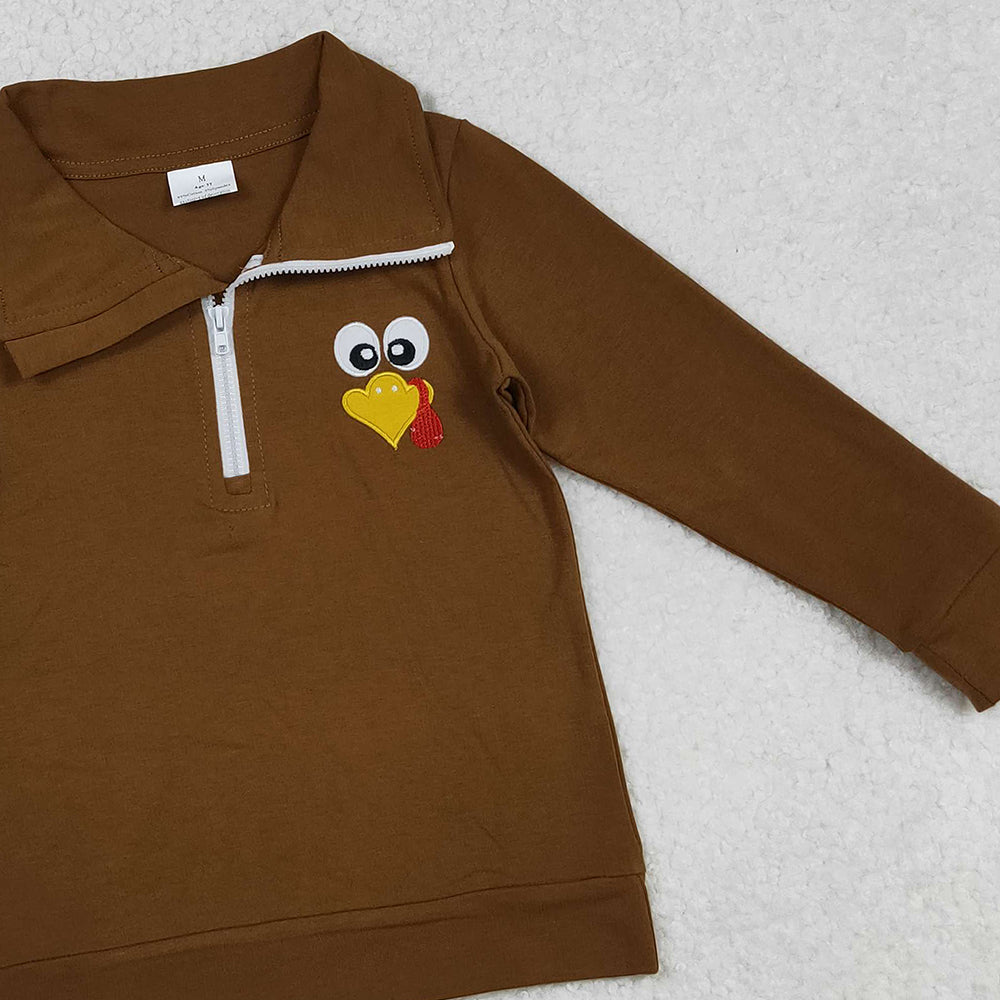 RTS NO MOQ （In stock）BT1265 Baby Boys Long Sleeve Tops Brown Zippered Turkey Polo Shirts Tops for Thanksgiving