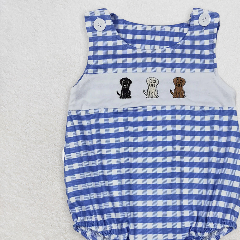 SR1048 RTS NO MOQ Baby Boys Summer Rompers Baby Infant Boys Dogs Blue Checkered Sleeveless Rompers