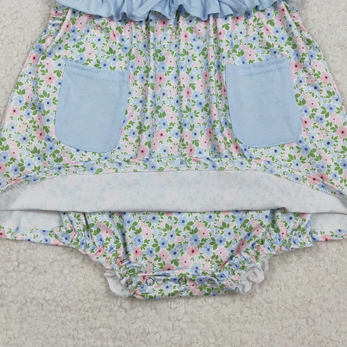 2.9 RTS NO MOQ （In stock）SR3752 Kids Clothing for Girls Baby Girls Sleeveless Blue Flowers Pockets Tunic Ruffle Rompers