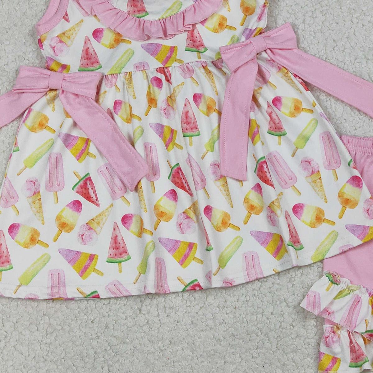 1.14 RTS NO MOQ （In stock）GSSO3067 Baby Girls Colorful Popsicle Ice Creams Collar Tunic Ruffle Shorts Clothes Sets
