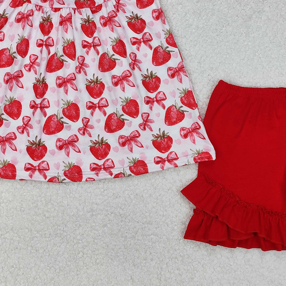 GSSO1902RTS NO MOQ Baby Girls Summer Outfits  By Air Arrived it Flutter sleeves bow strawberry tunic shorts girls clothes