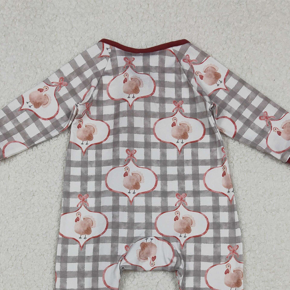 10.10 RTS NO MOQ （In stock）LR2691 Baby Boys Winter Rompers Baby Boys Turkey Checked Thanksgiving Zipper Footie Rompers