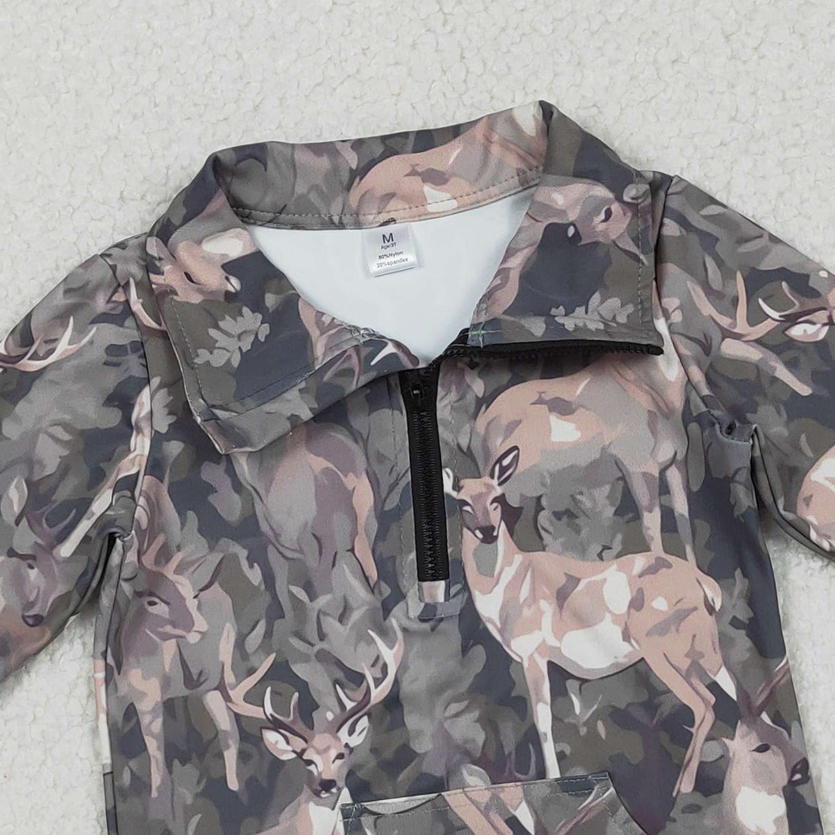 11.1 RTS NO MOQ （In stock）GT1180 Baby Girls Long Sleeve Tops Baby Girls Deer Camo Pockets Zipper Hunting Yoga Active Pullovers Top