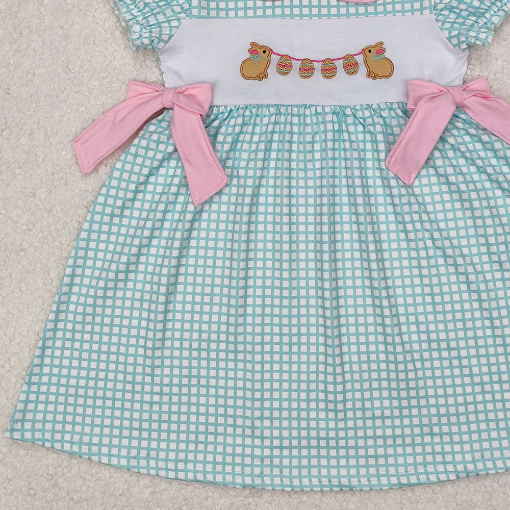 GSD1773Girls Plaid Bunny Eggs Bow Easter Dress Short Sleeves Spring Frock for Kids