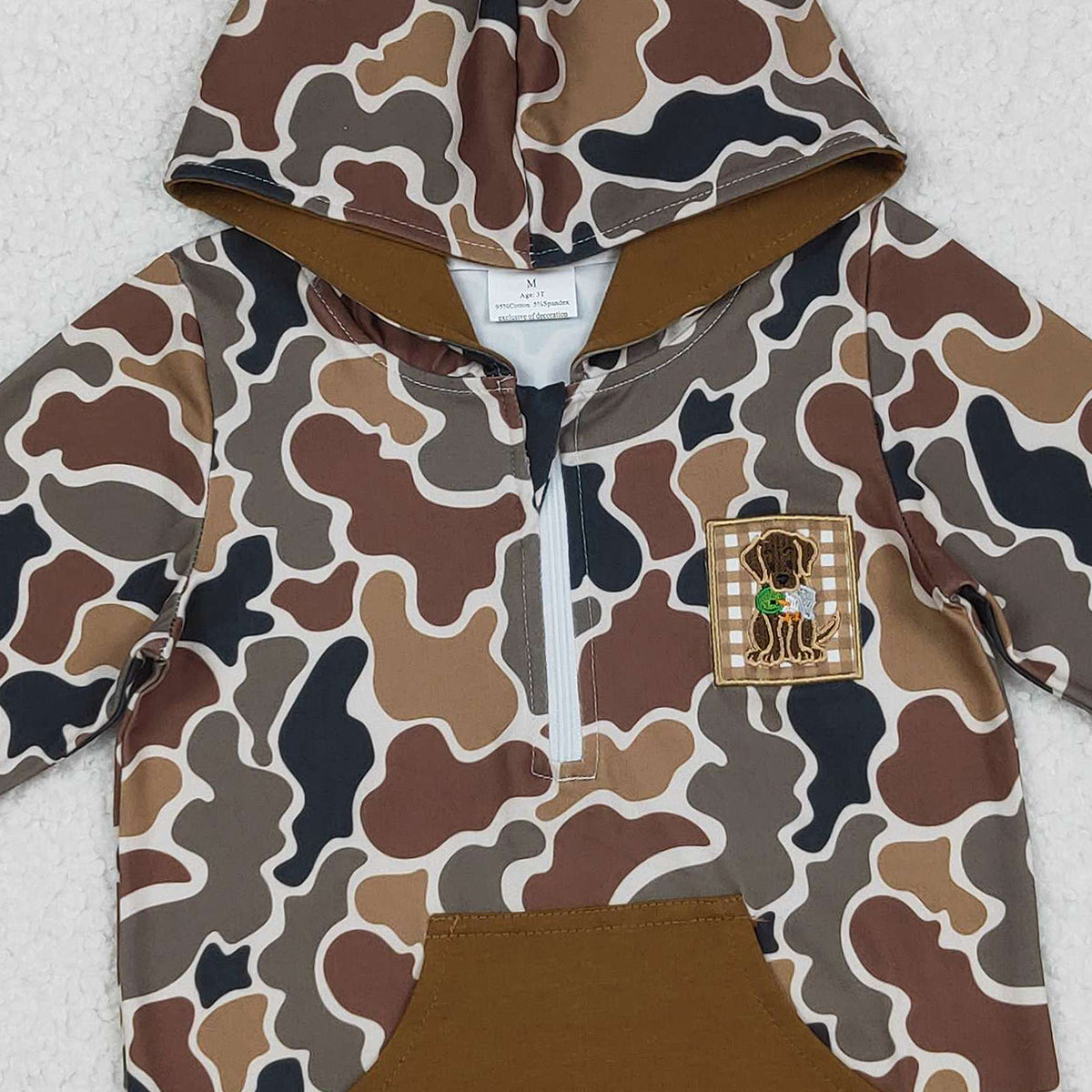 12.4 RTS NO MOQ （In stock）GT1132 Embroidery Dog Ducks Baby Girls Brown Camo Pocket Zip Hunting Hoodies Top