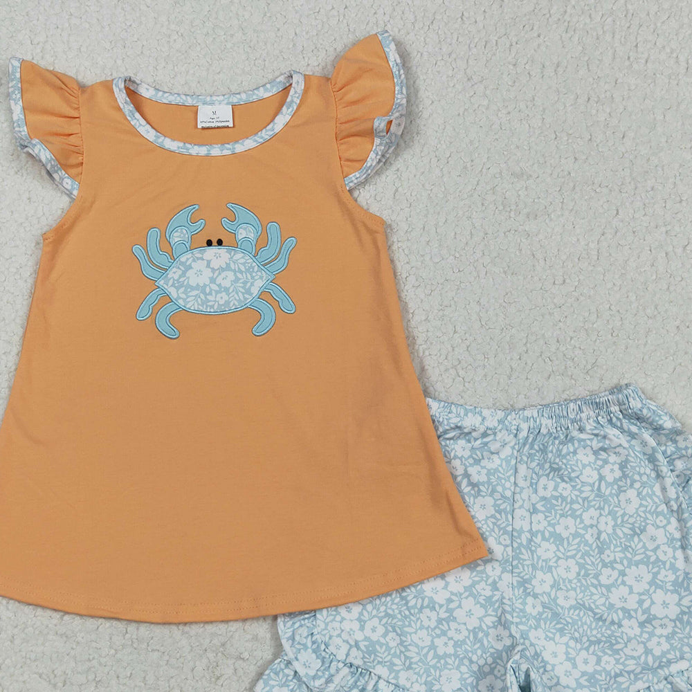 7.14 GSSO2555RTS NO MOQ Baby Girls Summer Outfits Embroidery Baby Girls Orange Crab Tunic Floral Ruffle Short Set
