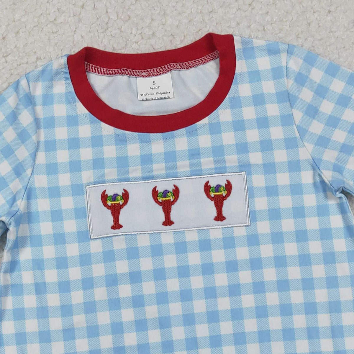 11.11 RTS NO MOQ （In stock）SR3257 Baby Boys Summer Rompers Embroidery Anchor Crayfishes Baby Boys Blue Checked Mardigras Rompers